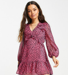 Розовое шифоновое платье мини с оборками и звериным принтом Miss Selfridge Petite-Разноцветный