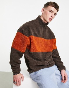 Плюшевый oversized-свитшот в стиле колор блок коричневого цвета с короткой молнией ASOS DESIGN-Разноцветный