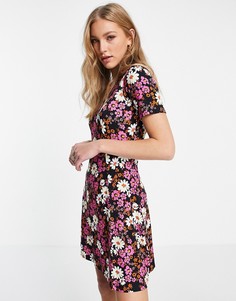 Черное чайное платье мини с цветочным принтом ASOS DESIGN-Черный цвет