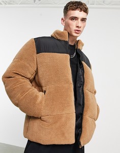Коричневый пуховик из искусственного меха с контрастной вставкой ASOS DESIGN-Коричневый цвет