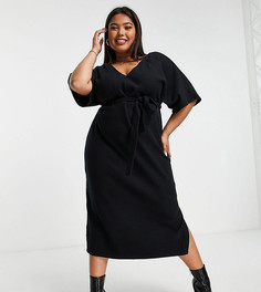 Черное очень мягкое платье-джемпер миди с V-образным вырезом и поясом ASOS DESIGN Curve-Черный цвет