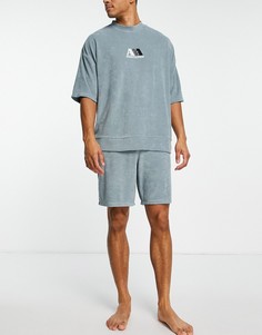 Синяя махровая пижама с принтом "Essentials" ASOS DESIGN-Голубой