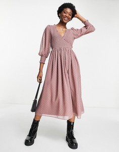 Серо-коричневое свободное платье миди с присборенными манжетами ASOS DESIGN-Розовый цвет