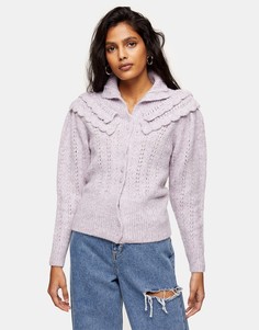 Вязаный ажурный кардиган сиреневого цвета с оборками Topshop-Фиолетовый цвет