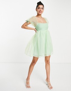 Платье мини в стиле бэбидолл светло-зеленого цвета с квадратным вырезом и пышными рукавами Love Triangle-Зеленый цвет