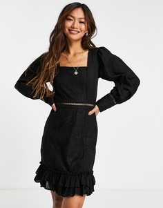 Черное платье мини с вышивкой, квадратным вырезом и шнуровкой ASOS DESIGN-Черный цвет