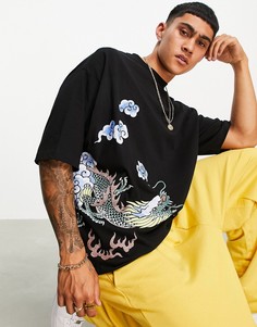 Черная oversized-футболка с принтом дракона вокруг ASOS DESIGN-Черный цвет