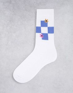 Спортивные носки с цветочным принтом в клетку ASOS DESIGN-Белый