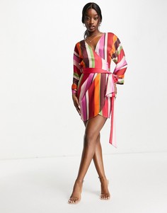 Платье мини с запахов в полоску в стиле 70-х ASOS DESIGN-Разноцветный