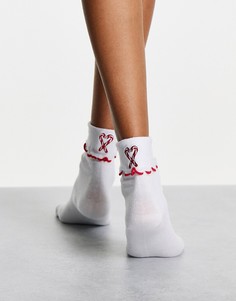 Новогодние белые носки до щиколотки с отворотами и вышивкой в виде леденцов ASOS DESIGN-Белый