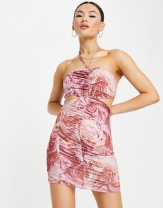 Присборенное платье мини с мраморным принтом и завязкой на шее ASOS DESIGN-Разноцветный