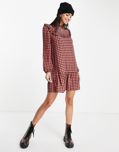 Платье мини в красную клетку с кокеткой с оборками на груди New Look-Красный