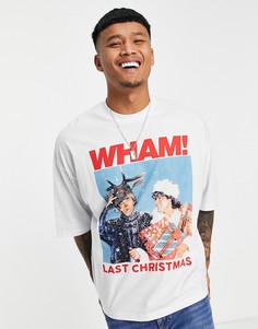 Белая новогодняя oversized-футболка с принтом группы Wham от ASOS DESIGN-Белый
