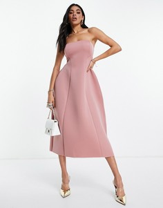 Приталенное платье миди-бандо пыльно-розового цвета с расклешенной юбкой и открытой спиной ASOS DESIGN-Разноцветный