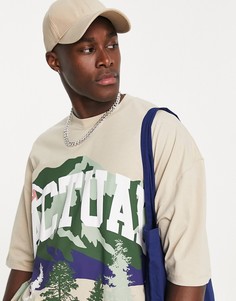 Бежевая футболка с графическим пейзажным принтом и логотипом на груди ASOS Actual-Светло-бежевый цвет