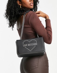 Черная сумка на плечо с ремешком-цепочкой и с логотипом сердечком Love Moschino-Черный цвет