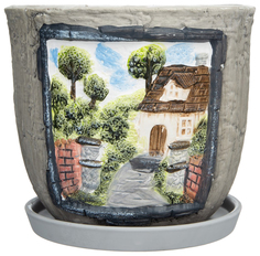 Горшок для цветов Деревенский пейзаж с поддоном керамика 18 см No Brand