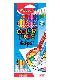 Карандаши цветные с ластиком пластиковые, 12 цветов,картонный футляр MAPED COLORPEPS OOPS