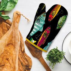 Прихватка-рукавица рогожка 18х28 Mia Cara рис 30355-1 черная с рыбками Тейковский ХБК