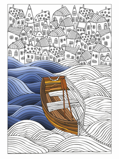 Раскраски - антистресс Woozzee Деревянная лодка на волнах