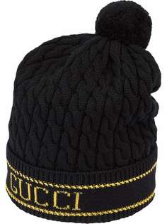 Gucci шапка бини с жаккардовым логотипом и помпоном