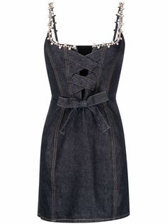 AREA pearl-embellished corset denim dress