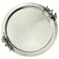 Поднос декоративный круглый с накладками "Бабочки" медный посереб. Кольчугинский мельхиор