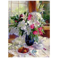 Алмазная мозаика 40х50см (блест Горячева С. Лилии на террасе с подрамником и частичным заполнением Рыжий кот