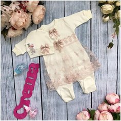 Комплект нарядный (на выписку) для девочки (Комб. с юбочкой +шап "Бабочка пудра" "Стеша" арт.164 (Пудра; 50 -18 (Детский))