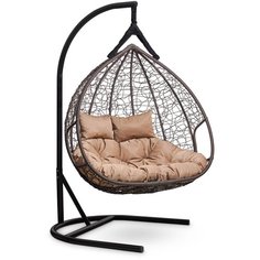 Подвесное двухместное кресло-кокон Laura Outdoor FISHT коричневое + каркас (бежевая подушка)