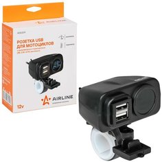 Розетка USB для мотоциклов с вольтметром и термометром (5В, 2.1А+2.1А) (вкл/выкл) AIRLINE