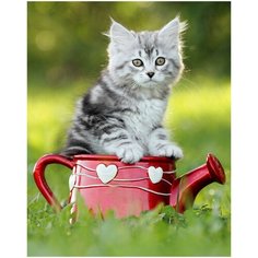 Алмазная мозаика "Котенок с лейкой", блестящая (13 цветов)