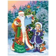 Набор для творчества Рыжий кот Холст с красками по номерам Дед Мороз и внучка дарят подарки 17x22