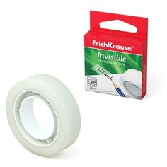 Клейкая лента канцелярская Erich Krause Invisible, 12 мм х 20 метров, прозрачная с антибликовой матовой поверхностью, незаметна на ксерокопиях, банкнотах, фотографиях, 1 штука, в коробке с европодвесом