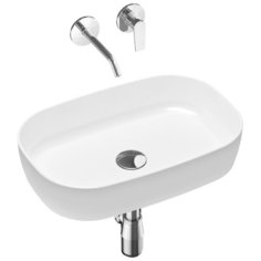 Комплект 4 в 1 Lavinia Boho Bathroom Sink Slim 21510131, накладная фарфоровая раковина 54 см, встраиваемый смеситель со скрытым механизмом, латунный сифон, донный клапан quick-clac
