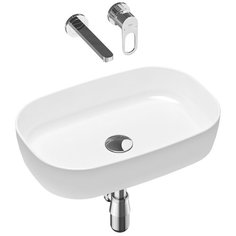 Комплект 4 в 1 Lavinia Boho Bathroom Sink Slim 21510151, накладная фарфоровая раковина 54 см, встраиваемый смеситель со скрытым механизмом, латунный сифон, донный клапан quick-clac