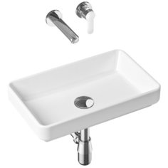Комплект 4 в 1 Lavinia Boho Bathroom Sink Slim 21510175, накладная фарфоровая раковина 55 см, встраиваемый смеситель со скрытым механизмом, латунный сифон, донный клапан quick-clac