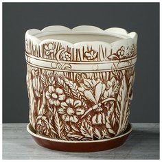 Цветочный горшок "Поляна", коричнево- белый, керамика, 6 л