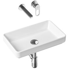 Комплект 4 в 1 Lavinia Boho Bathroom Sink Slim 21510155, накладная фарфоровая раковина 55 см, встраиваемый смеситель со скрытым механизмом, латунный сифон, донный клапан quick-clac
