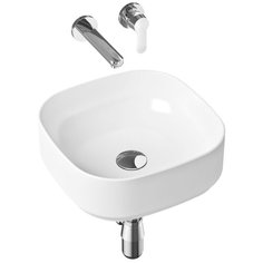 Комплект 4 в 1 Lavinia Boho Bathroom Sink Slim 21510183, накладная фарфоровая раковина 40 см, встраиваемый смеситель со скрытым механизмом, латунный сифон, донный клапан quick-clac