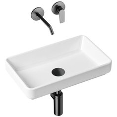 Комплект 4 в 1 Lavinia Boho Bathroom Sink Slim 21510027, накладная фарфоровая раковина 55 см, встраиваемый смеситель со скрытым механизмом, латунный сифон, донный клапан quick-clac