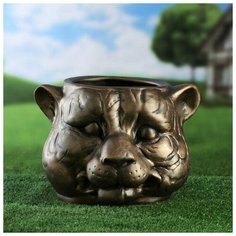 Фигурное кашпо "Голова тигра", символ года 2022, бронза тёмная, керамика, 8.5 л