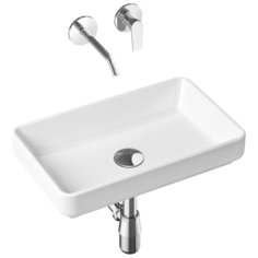 Комплект 4 в 1 Lavinia Boho Bathroom Sink Slim 21510135, накладная фарфоровая раковина 55 см, встраиваемый смеситель со скрытым механизмом, латунный сифон, донный клапан quick- clac
