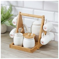 Набор чайный на дерев подставке 15 пр "Эстет" чайник. кружки . сахарница с ложкой. молочник. блюдца Доляна