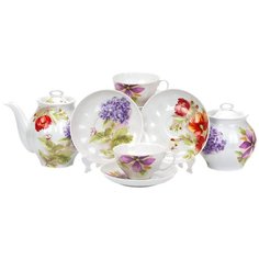 Чайный сервиз Дулёвский фарфор Белый лебедь Альпийские цветы 063552, 6 персон, 14 предм.