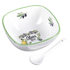 Доляна Салатник Олива 11.5 x 11.5 см с ложкой белый/зеленый