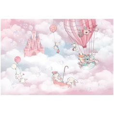 Фотообои Розовые детские с замком и животными на воздушных шарахв небе/ Красивые уютные обои на стену в интерьер комнаты/ 3Д расширяющие пространство над кроватью или над столом/ На кухню в спальню детскую зал гостиную прихожую/ размер 400х270см/ Флиз