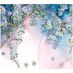 Фотообои Птицы на цветущих ветках яблони/ Красивые уютные обои на стену в интерьер комнаты/ 3Д расширяющие пространство над кроватью или над столом/ На кухню в спальню детскую зал гостиную прихожую/ размер 300х270см/ Флизелиновые