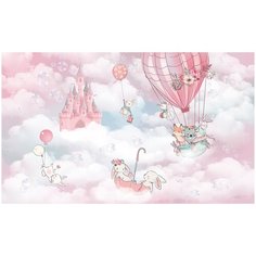 Фотообои Розовые детские с замком и животными на воздушных шарах в небе/ Красивые уютные обои на стену в интерьер комнаты/ 3Д расширяющие пространство над кроватью или над столом/ На кухню в спальню детскую зал гостиную прихожую/ размер 300х180см/ Фли