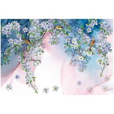 Фотообои Птицы на цветущих ветках яблони/ Красивые уютные обои на стену в интерьер комнаты/ 3Д расширяющие пространство над кроватью или над столом/ На кухню в спальню детскую зал гостиную прихожую/ размер 400х270см/ Флизелиновые